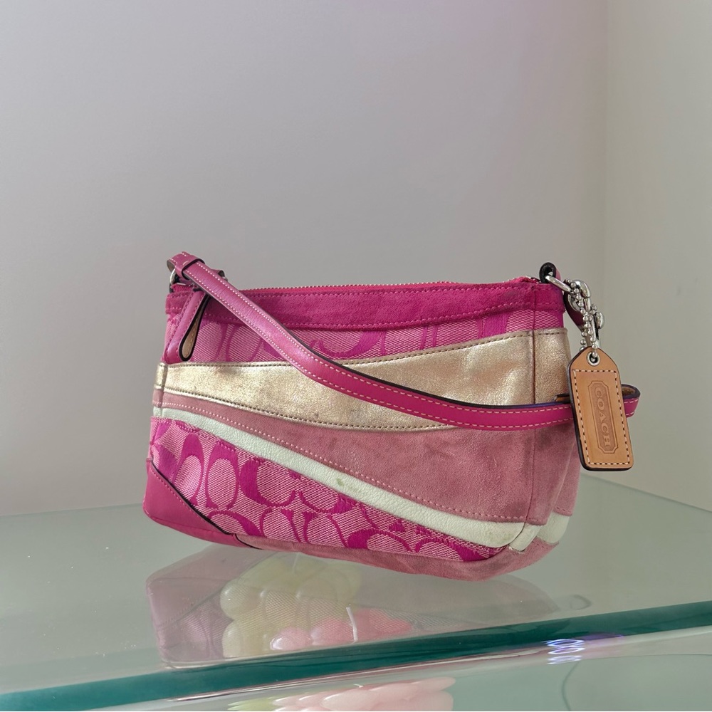 Coach Hot Pink Signature C Demi Leather, Suede and Canvas Y2K Shoulder Bag